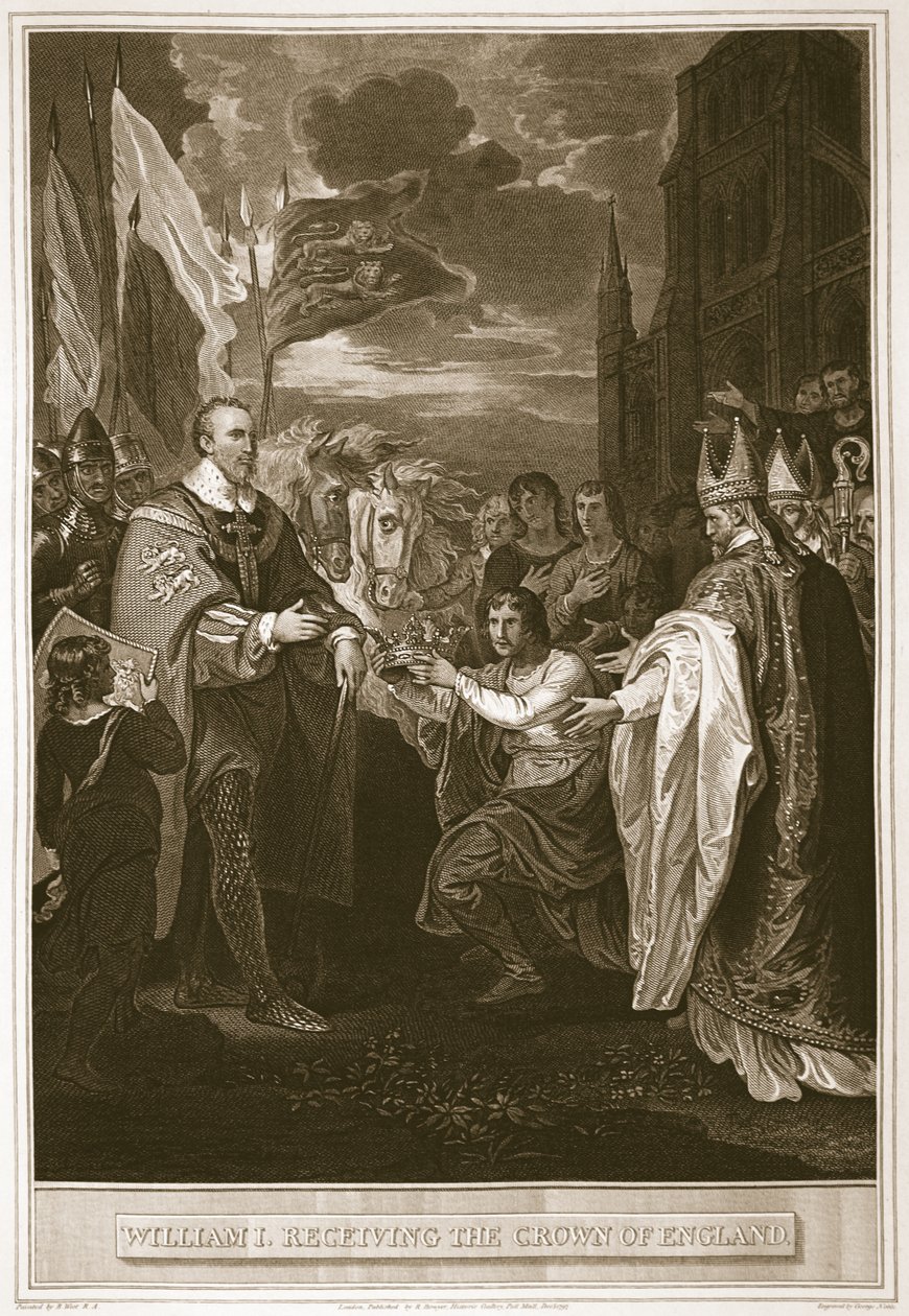 Guilherme I recebeu a coroa da Inglaterra, gravada por George Noble, ilustração de "The History of England", de David Hume, pub. por R. Bowyer, Londres, 1812 de Benjamin West