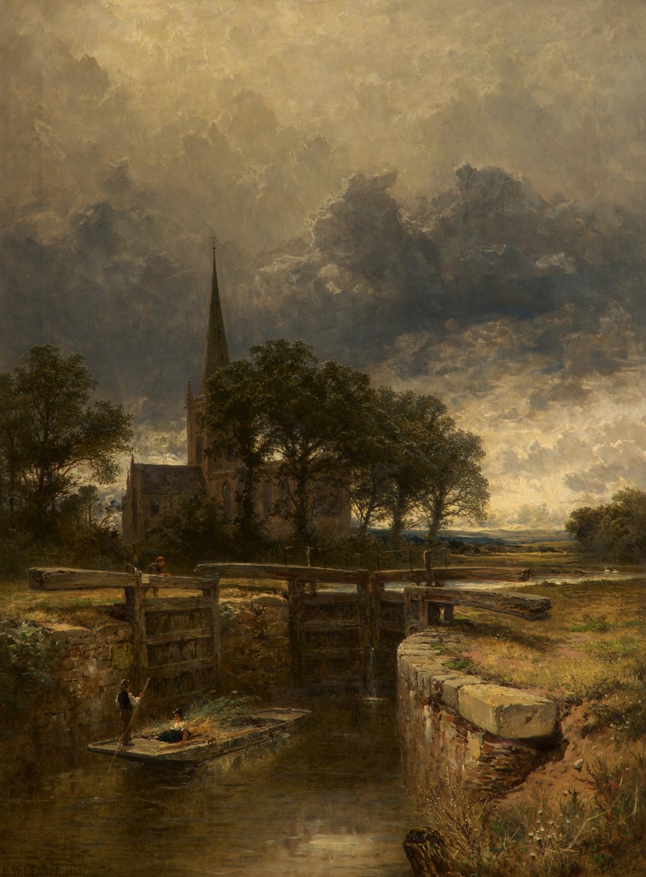 Igreja e eclusa de Stratford-on-Avon de Benjamin Williams Leader