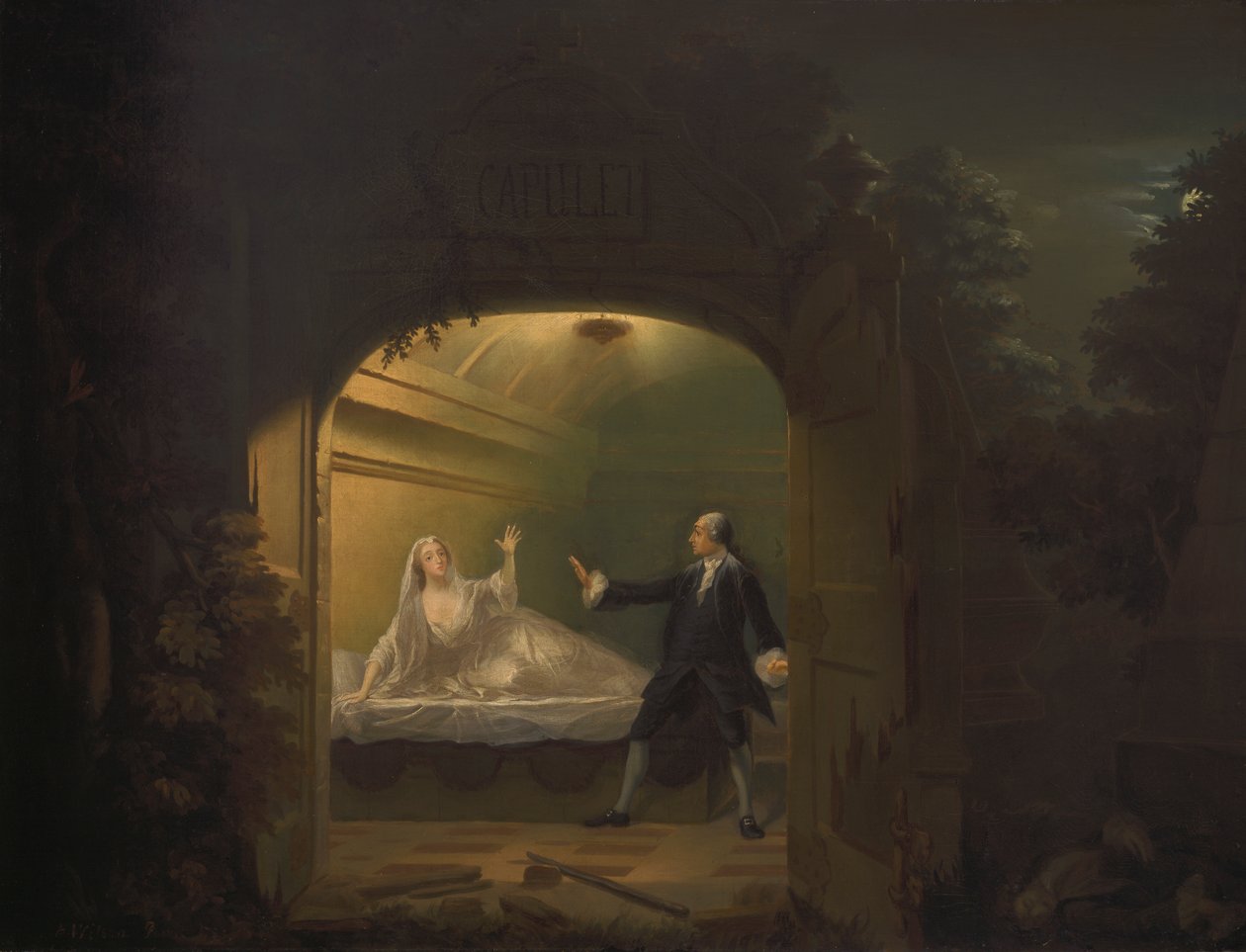 David Garrick e George Anne Bellamy em "Romeu e Julieta", Acto V, Cena III de Benjamin Wilson