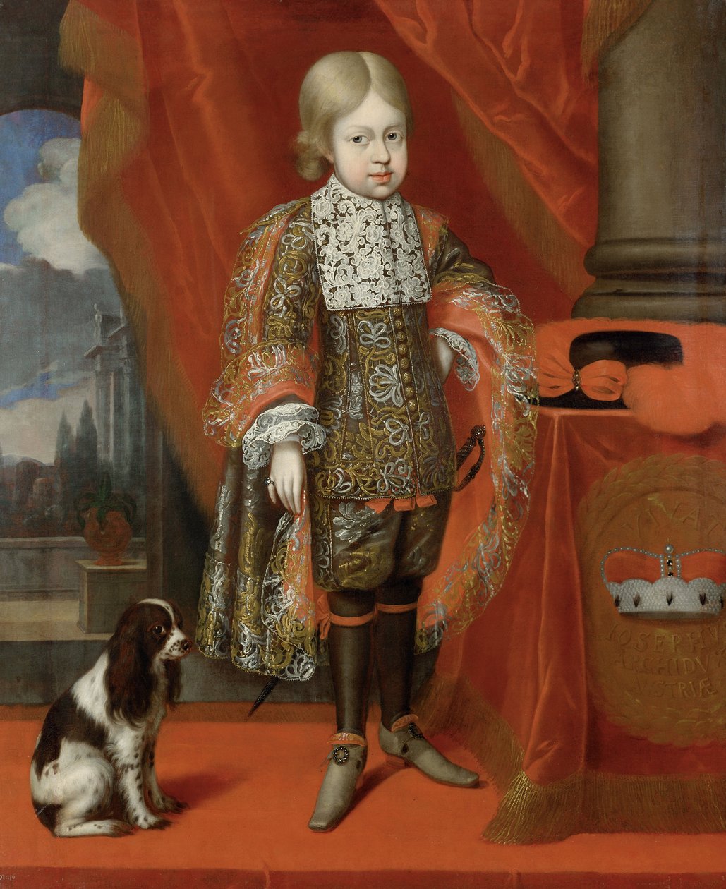 O futuro imperador Joseph I 1678-1711 aos seis anos de idade com um cachorro, 1684, 1684 de Benjamin von Block