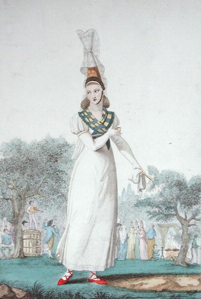 Uma Cauchoise no traje tradicional para dias de festa, gravada por Gatine c.1830 (cor litho) de Benoit (after) Pecheux