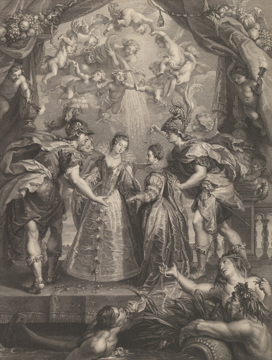 Gravura 17: A troca das duas princesas em Hendaye, cena alegórica com Ana de..., 1707-10 de Benoit Audran I