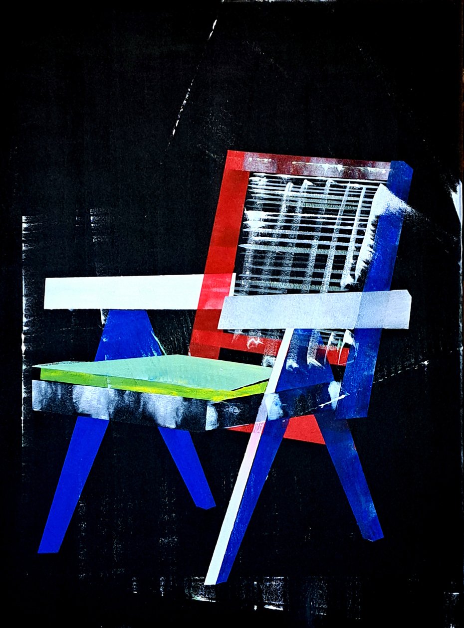 Chaise Chandigarh, segundo Pierre Jeanneret, 2023 (óleo e acrílico sobre tela mista) de Benoit Erwann Boucherot