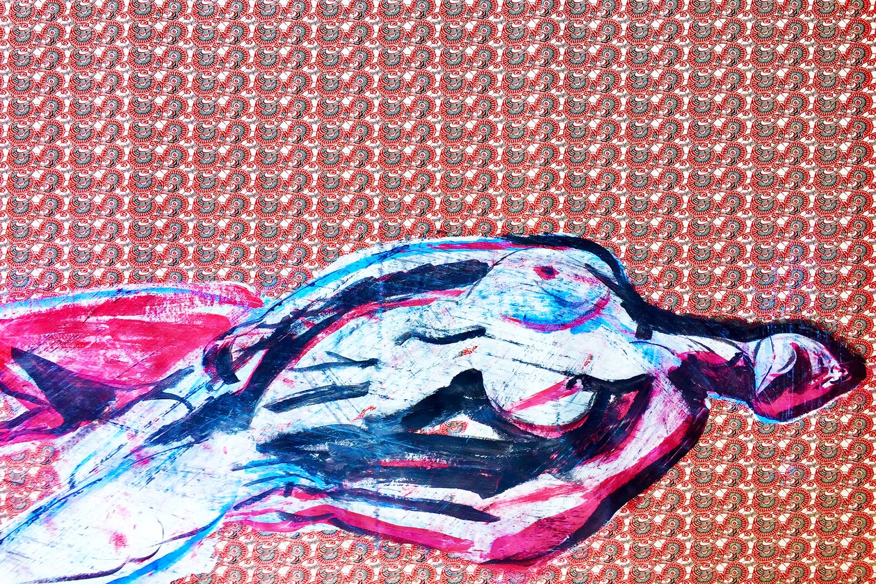 Sobre-retrato japonês 2, 2020 (acrílico sobre papel japonês serigrafado) de Benoit Erwann Boucherot