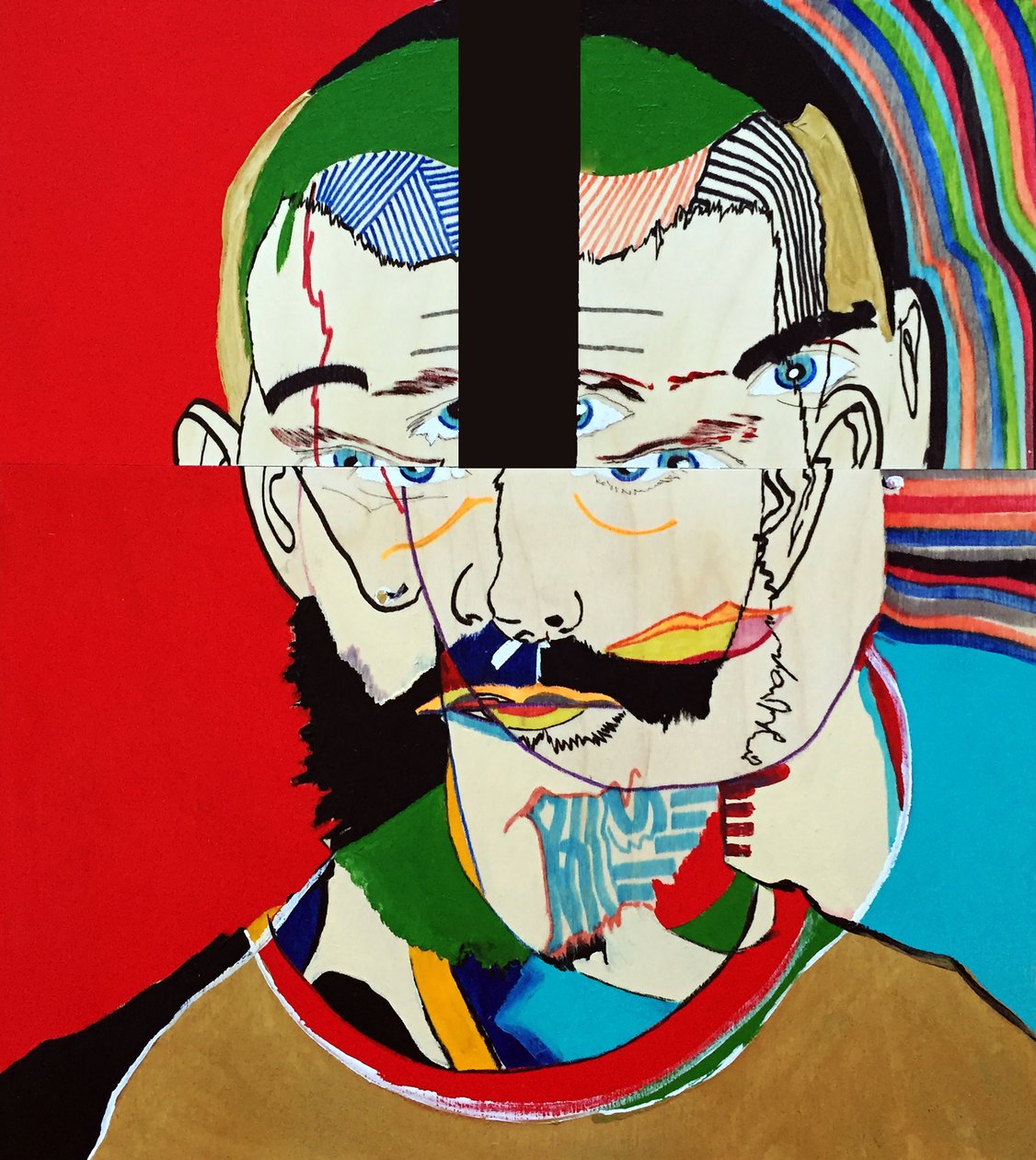 Surportrait : Mathieu Leroux, 2021 (óleo e acrílico sobre 3 painéis de madeira justapostos) de Benoit Erwann Boucherot