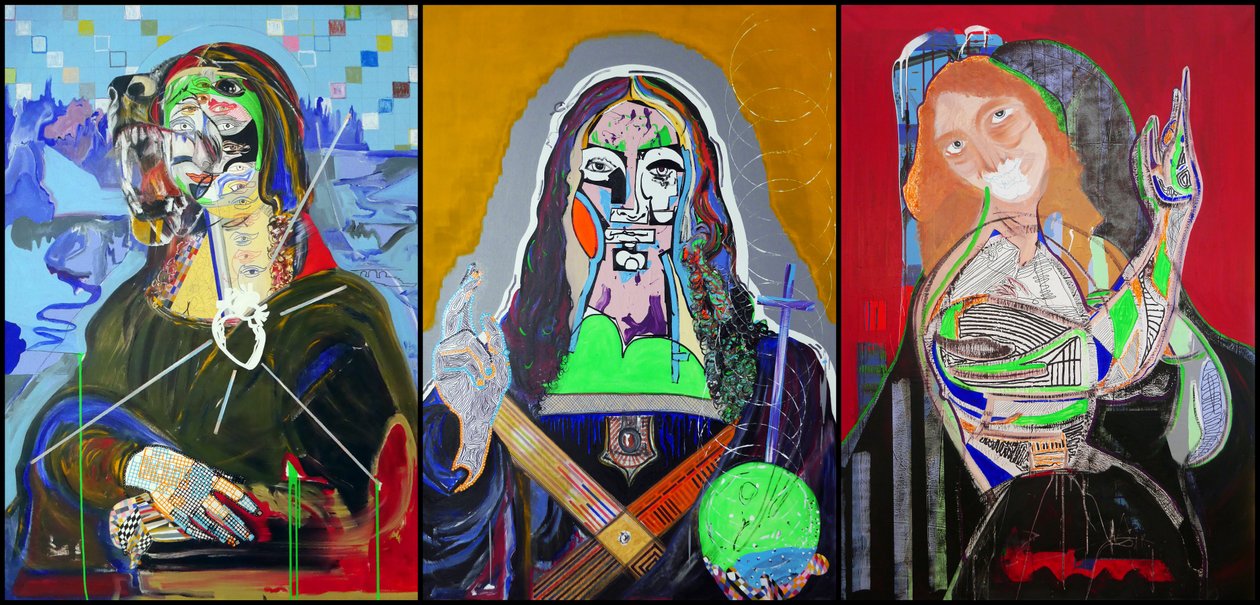 Tríptico de Leonardo da Vinci, 2019 (óleo, papel e acrílico sobre 3 telas justapostas) de Benoit Erwann Boucherot