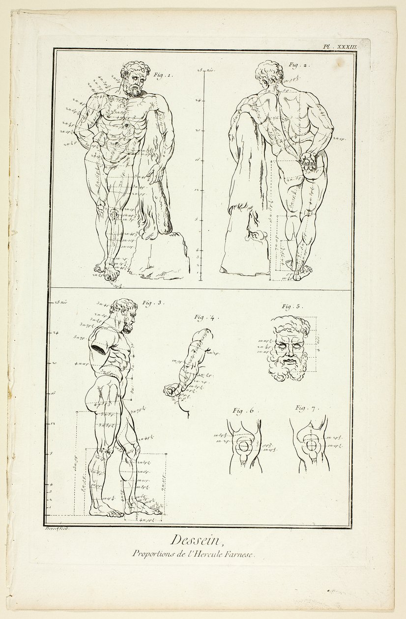 Desenho: Proporções do Hércules Farnese, da Encyclopédie de Benoit Louis Prevost
