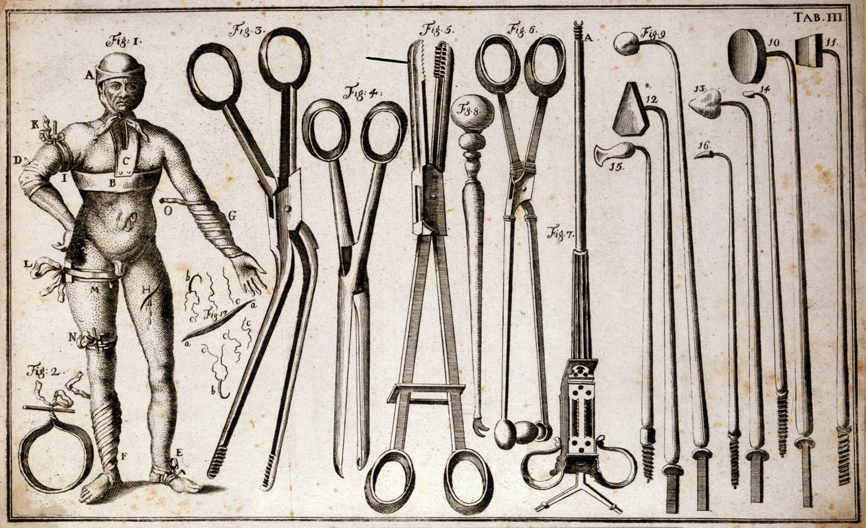 Diferentes tipos de fórceps e instrumentos cirúrgicos. Um homem que usa diferentes tipos de torneios e ligaduras. Placa de cirurgia ilustrada por Benoist Louis Prevost (1735-1809). Século XVIII de Benoit Louis Prevost