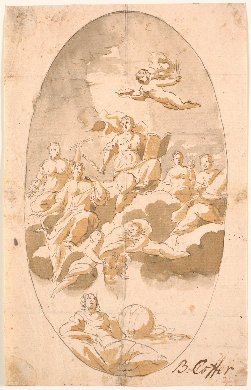 Estudo para pintura de teto com nove figuras, oval de Benoît Le Coffre