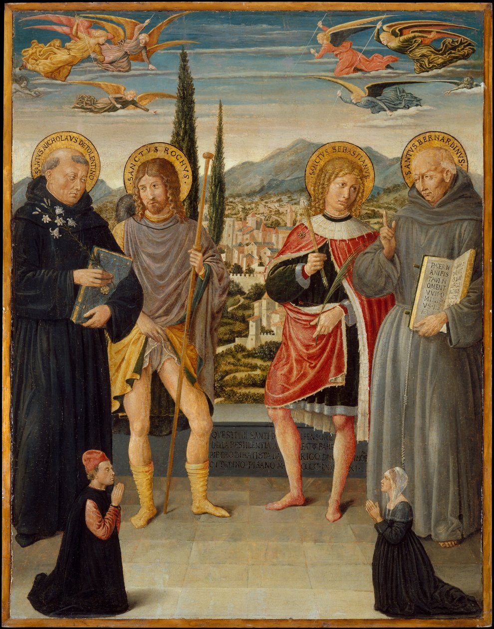 São Nicolau de Tolentino, Roch, Sebastian e Bernardino de Siena, com Doadores Ajoelhados de Benozzo di Lese di Sandro Gozzoli