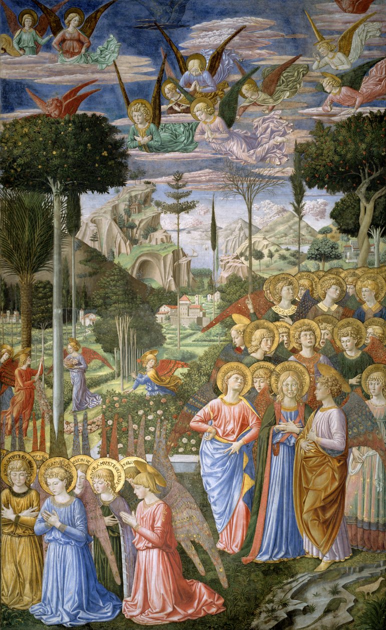 Anjos em uma paisagem celestial, a parede da direita da abside, da Jornada do ciclo dos Magos na capela, c.1460 de Benozzo di Lese di Sandro Gozzoli
