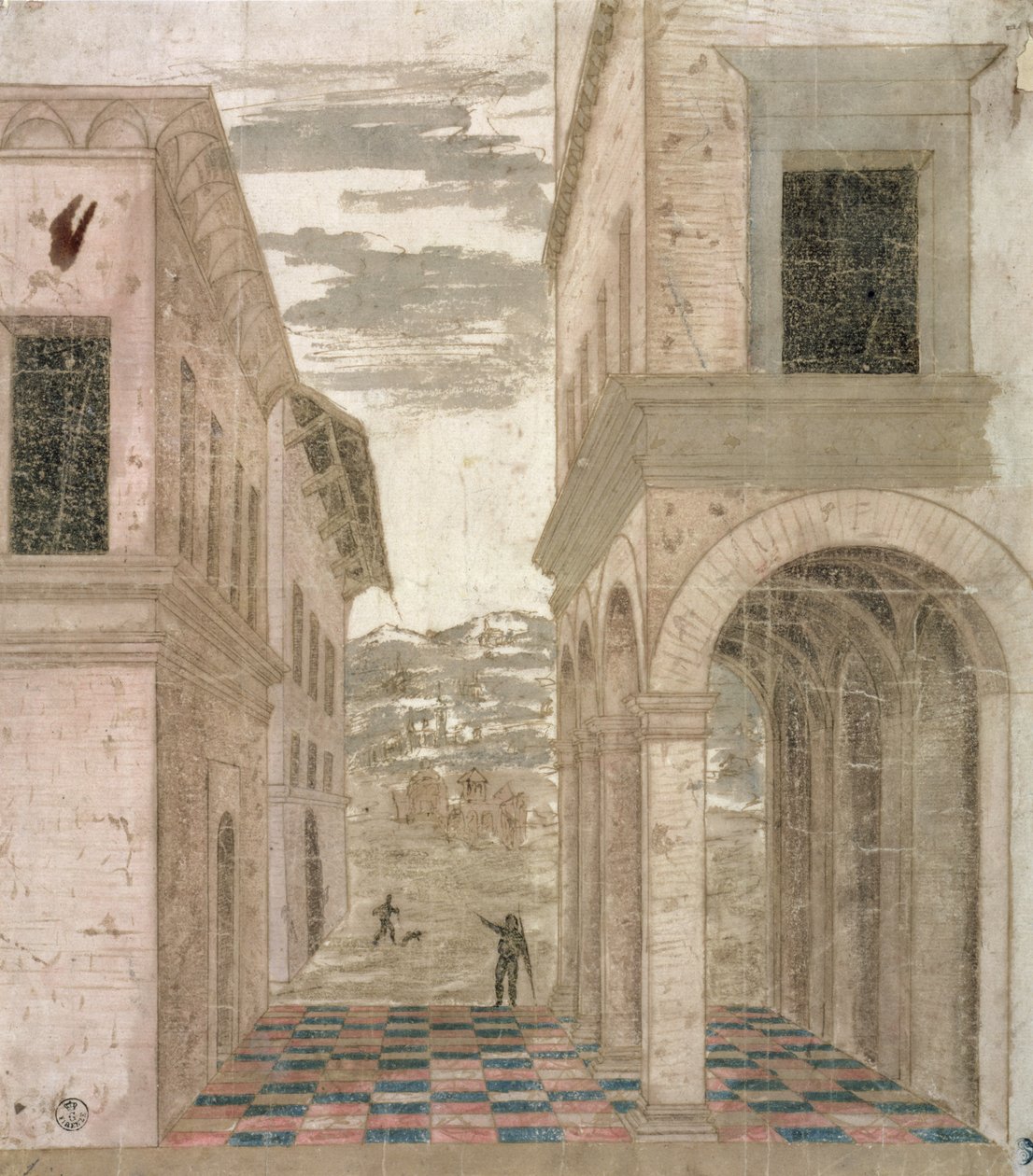 Capriccio Arquitetônico, um estudo em perspectiva (caneta e tinta com papel lavado) de Benozzo di Lese di Sandro Gozzoli