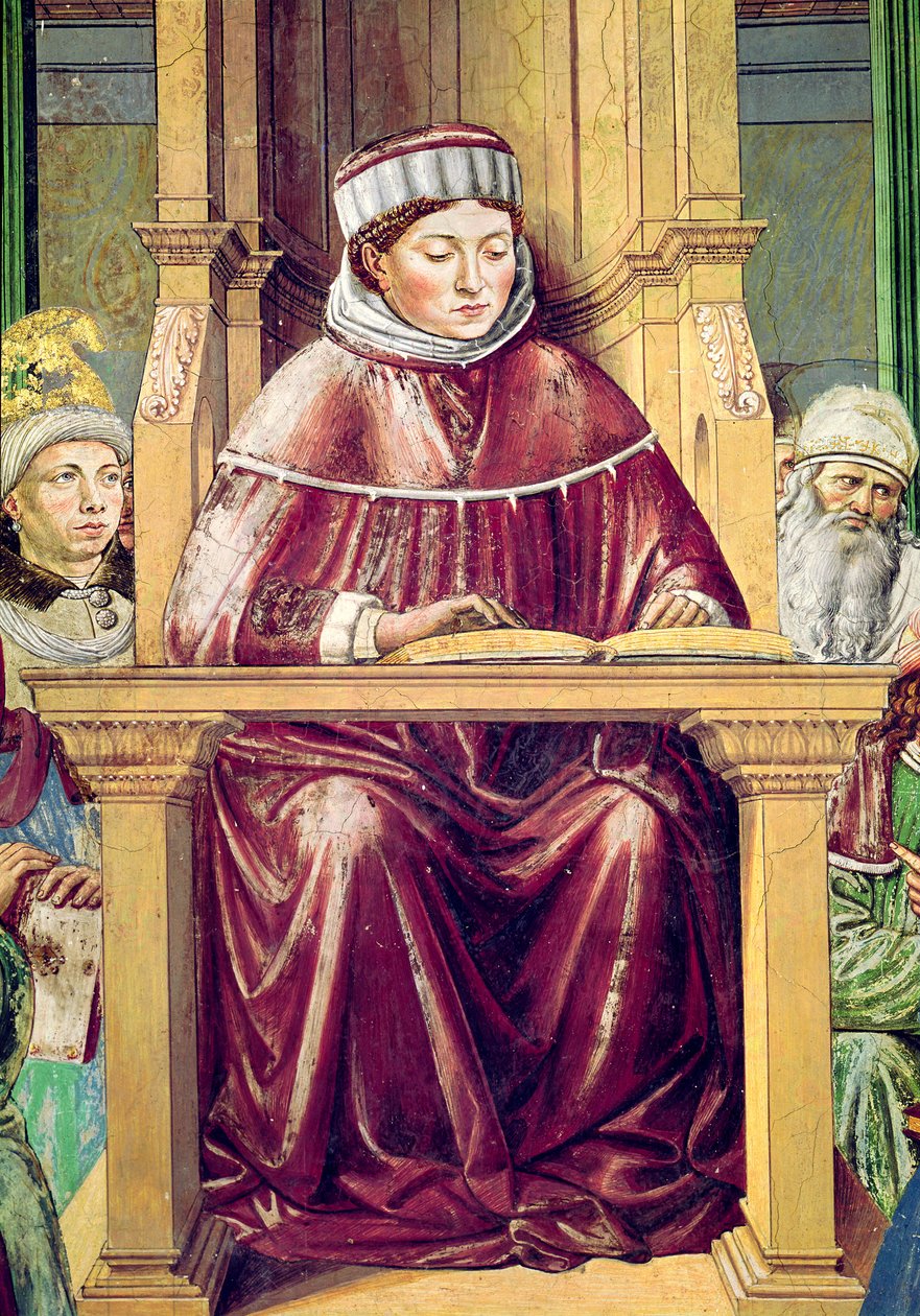 Detalhe de Santo Agostinho Leitura Retórica e Filosofia na Escola de Roma, da Vida de Santo Agostinho, 1464-65 de Benozzo di Lese di Sandro Gozzoli