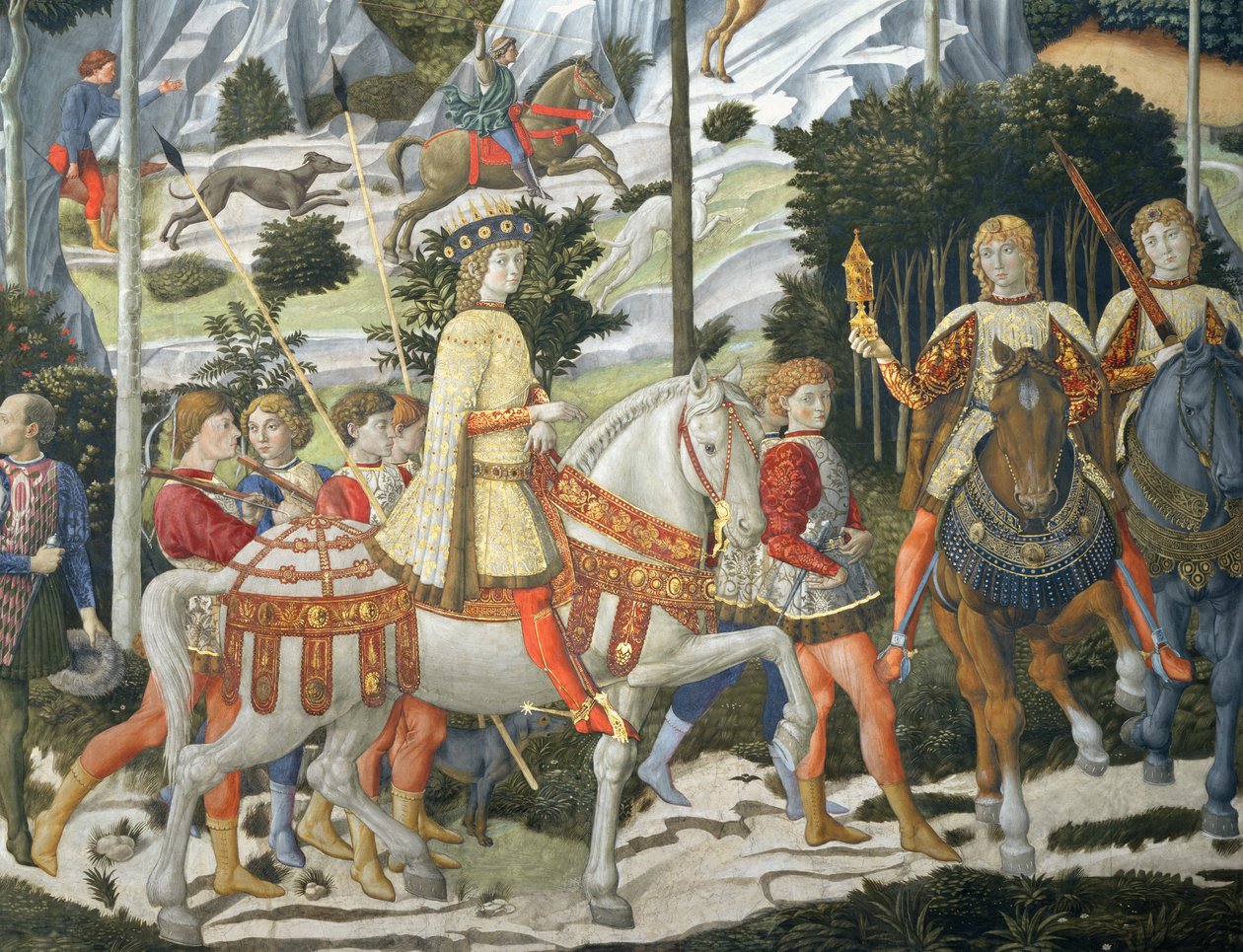 Lorenzo de &39;Medici, o Magnífico (1449-92), como um dos Três Reis, detalhe do ciclo Jornada dos Magos na capela, c.1460 de Benozzo di Lese di Sandro Gozzoli