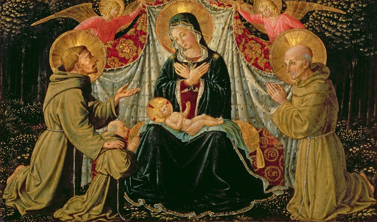 Madonna e Child com São Francisco e o doador Fra Jacopo da Montefalco (à esquerda) e St. Bernardino de Siena (à direita), c.1452 (painel) de Benozzo di Lese di Sandro Gozzoli