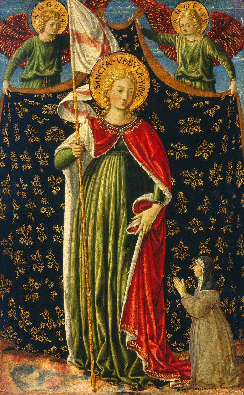 Santa Úrsula com dois anjos e doador, c.1455-60 (têmpera no painel) de Benozzo di Lese di Sandro Gozzoli