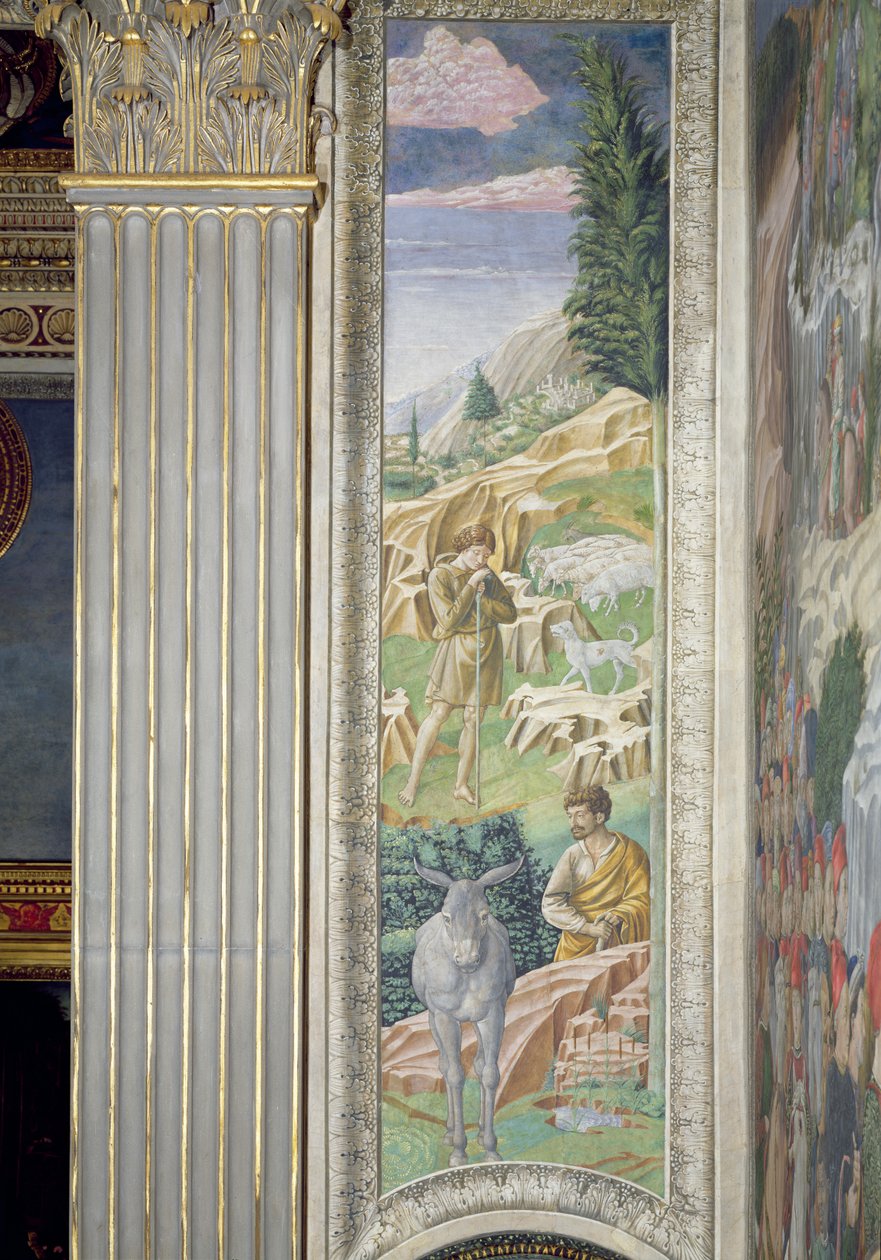 Pastor e seu rebanho, painel ao lado da parede direita do ciclo Jornada dos Magos na capela, c.1460 de Benozzo di Lese di Sandro Gozzoli