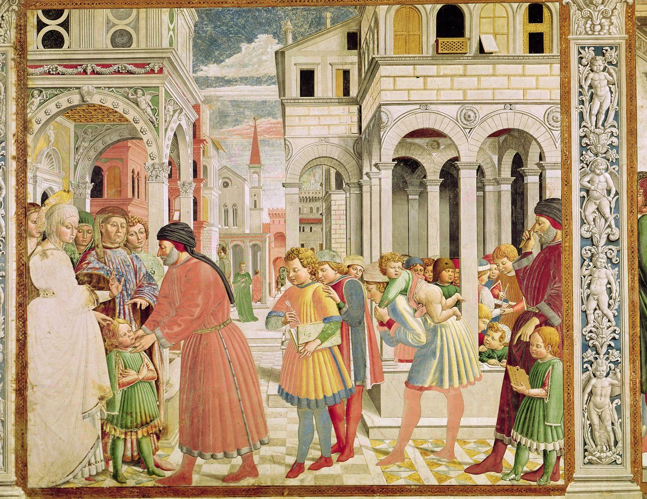 Santo Agostinho é conduzido por seus pais na Escola de Tagaste, da Vida de Santo Agostinho, 1464-65 de Benozzo di Lese di Sandro Gozzoli