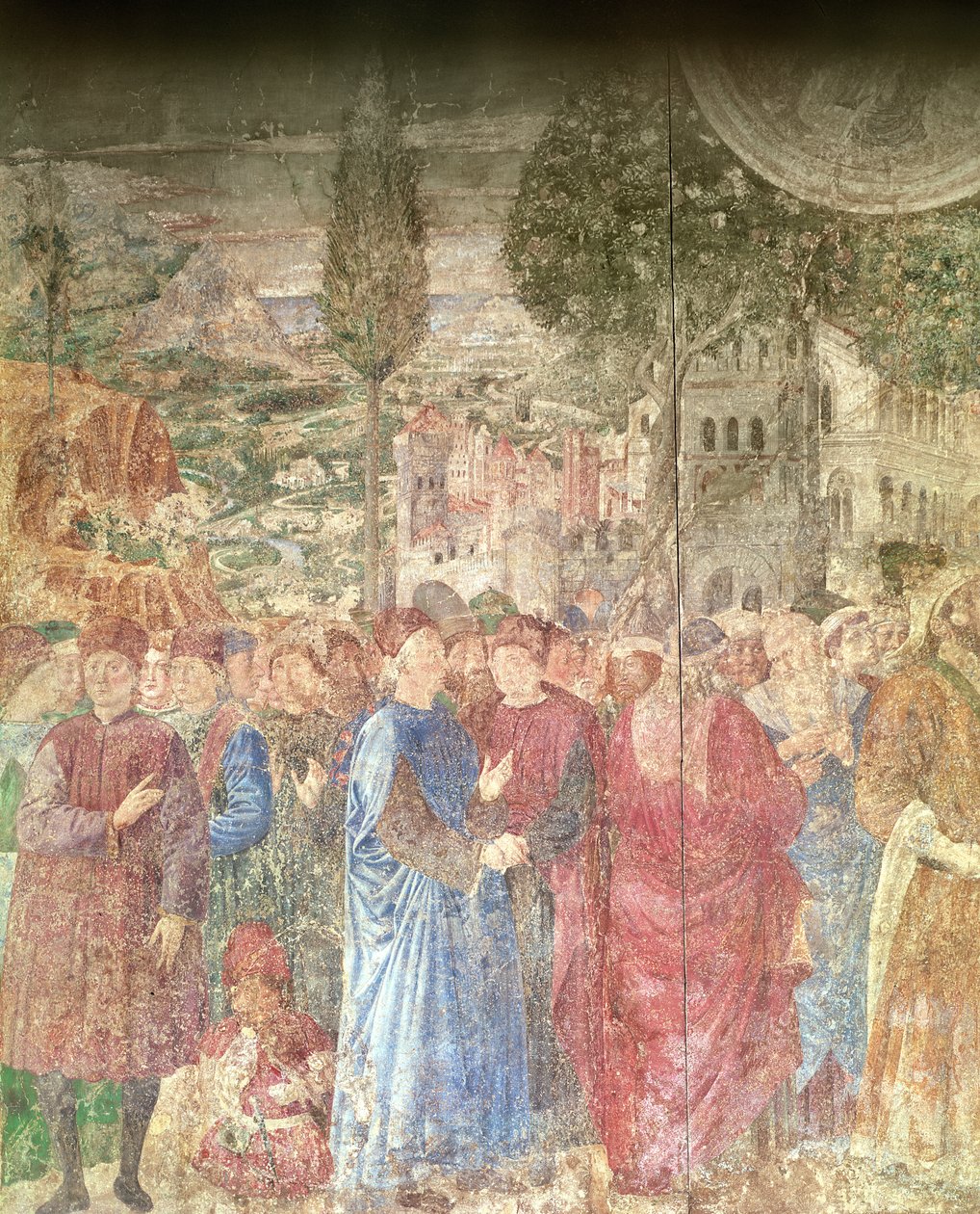O edifício da torre de Babel, detalhe da casa dos Medicis vigiando a obra, afresco 1468-84 de Benozzo di Lese di Sandro Gozzoli