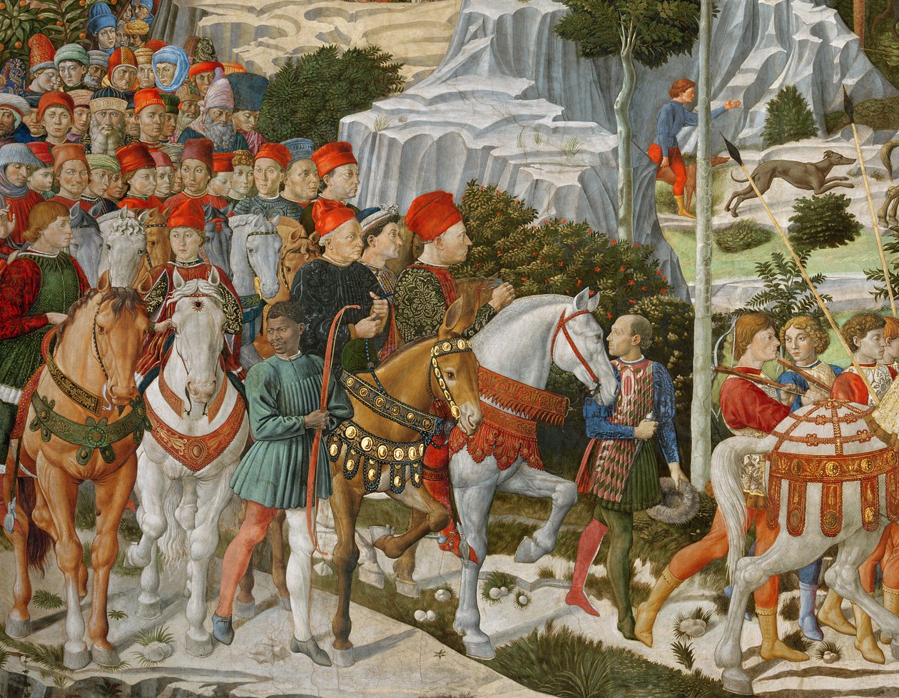 A viagem dos Magos a Belém, a parede do lado direito da capela, detalhe c.1460 fresco de 70619 de Benozzo di Lese di Sandro Gozzoli