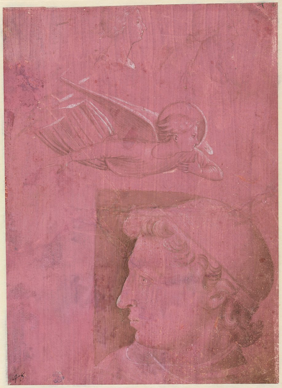 Cabeça de um homem, dois estudos do perfil de uma mulher e um estudo de um anjo verso, c. 1458 de Benozzo Gozzoli