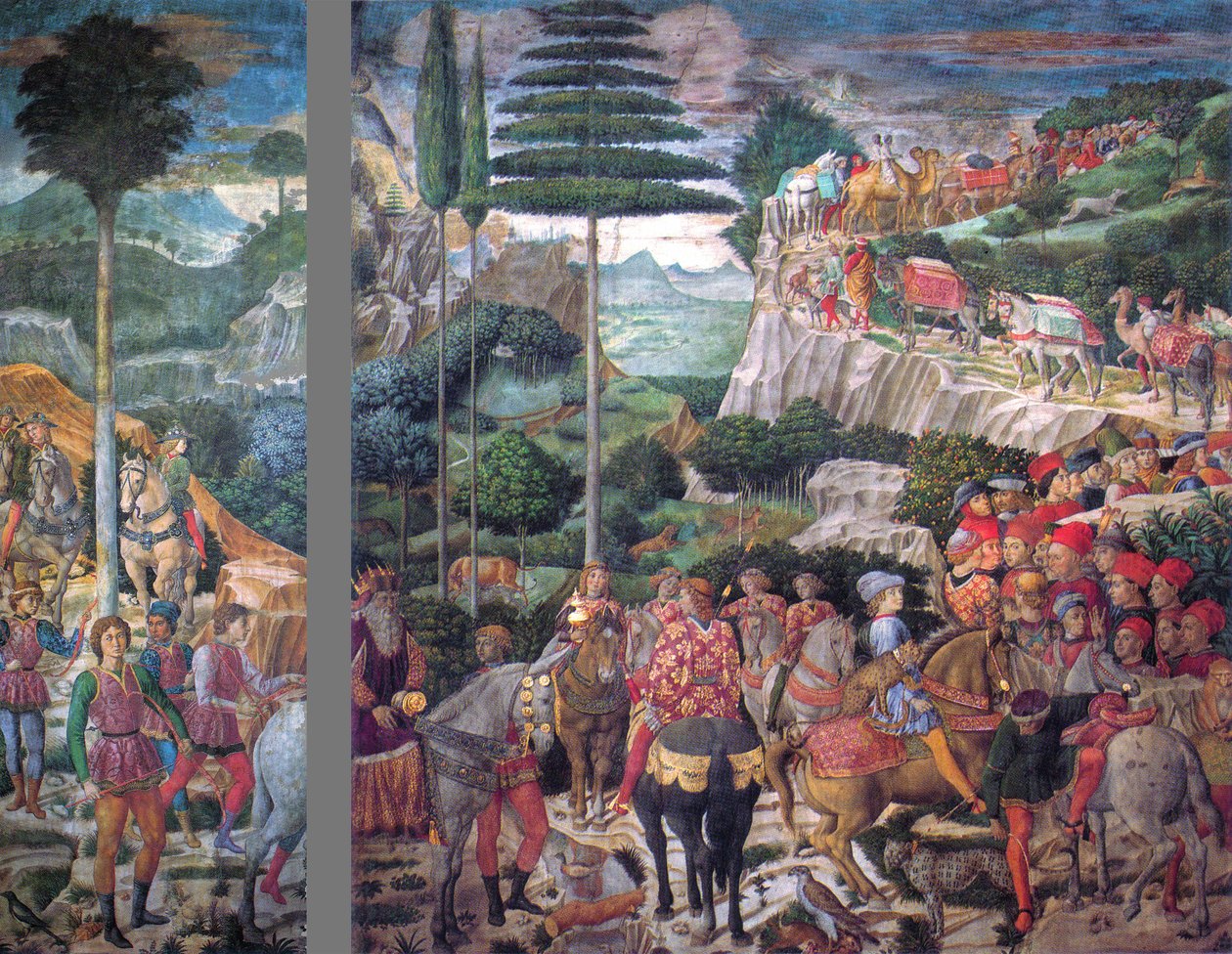 Italiano: A viagem dos Magos: a procissão de Melchior do rei mais velho de Benozzo Gozzoli