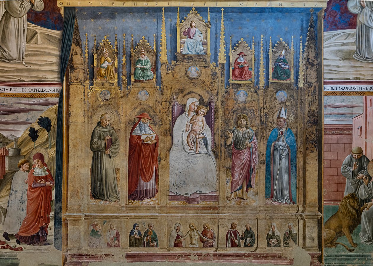 Um falso políptico com a Virgem Maria e o Menino, S. António de Pádua, S. Jerónimo, S. João e S. Luís de Toulouse, Capela de S. Jerónimo de Benozzo di Lese di Sandro Gozzoli