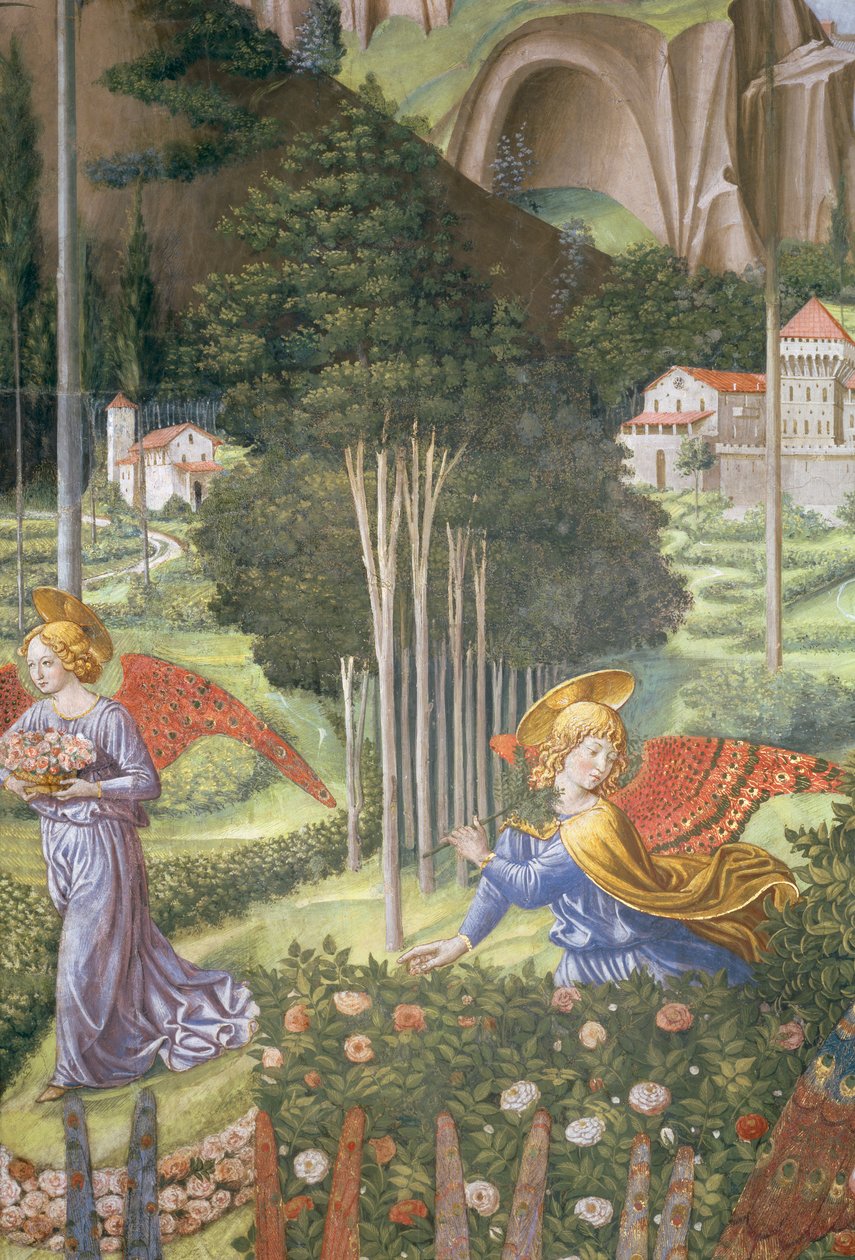 Anjo reunindo flores em uma paisagem celestial, detalhe da jornada do ciclo Magi na capela, c.1460 detalhe afresco do 70615 de Benozzo di Lese di Sandro Gozzoli