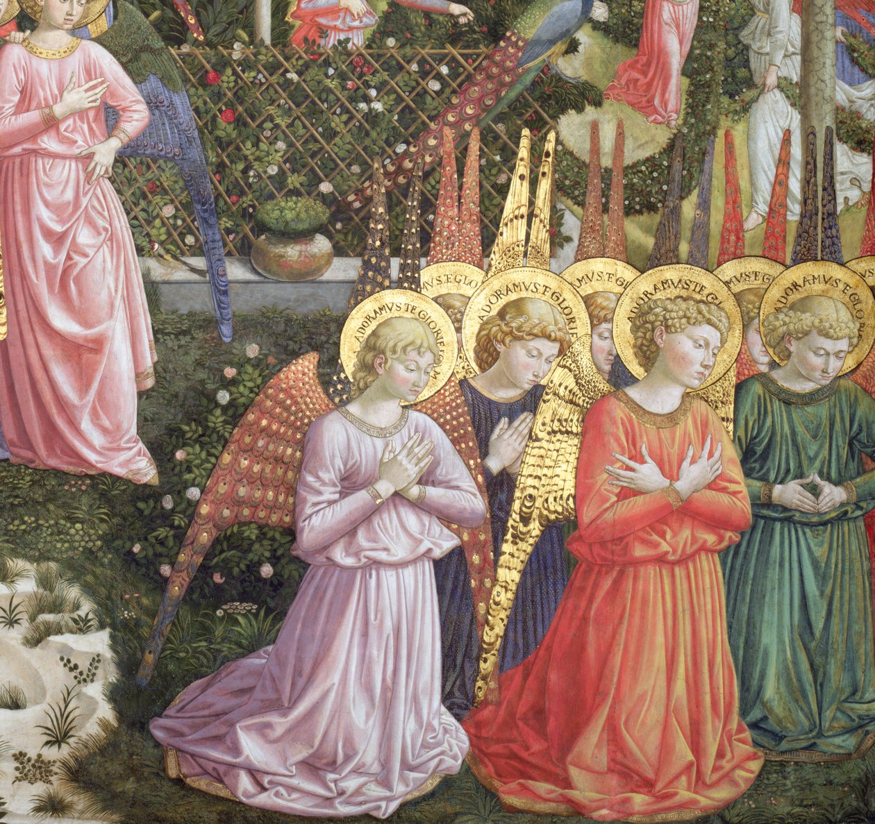 Anjos em uma paisagem celestial, a parede da mão esquerda da abside, da Jornada do ciclo magi na capela c .1460 (detalhe de 70610) de Benozzo di Lese di Sandro Gozzoli