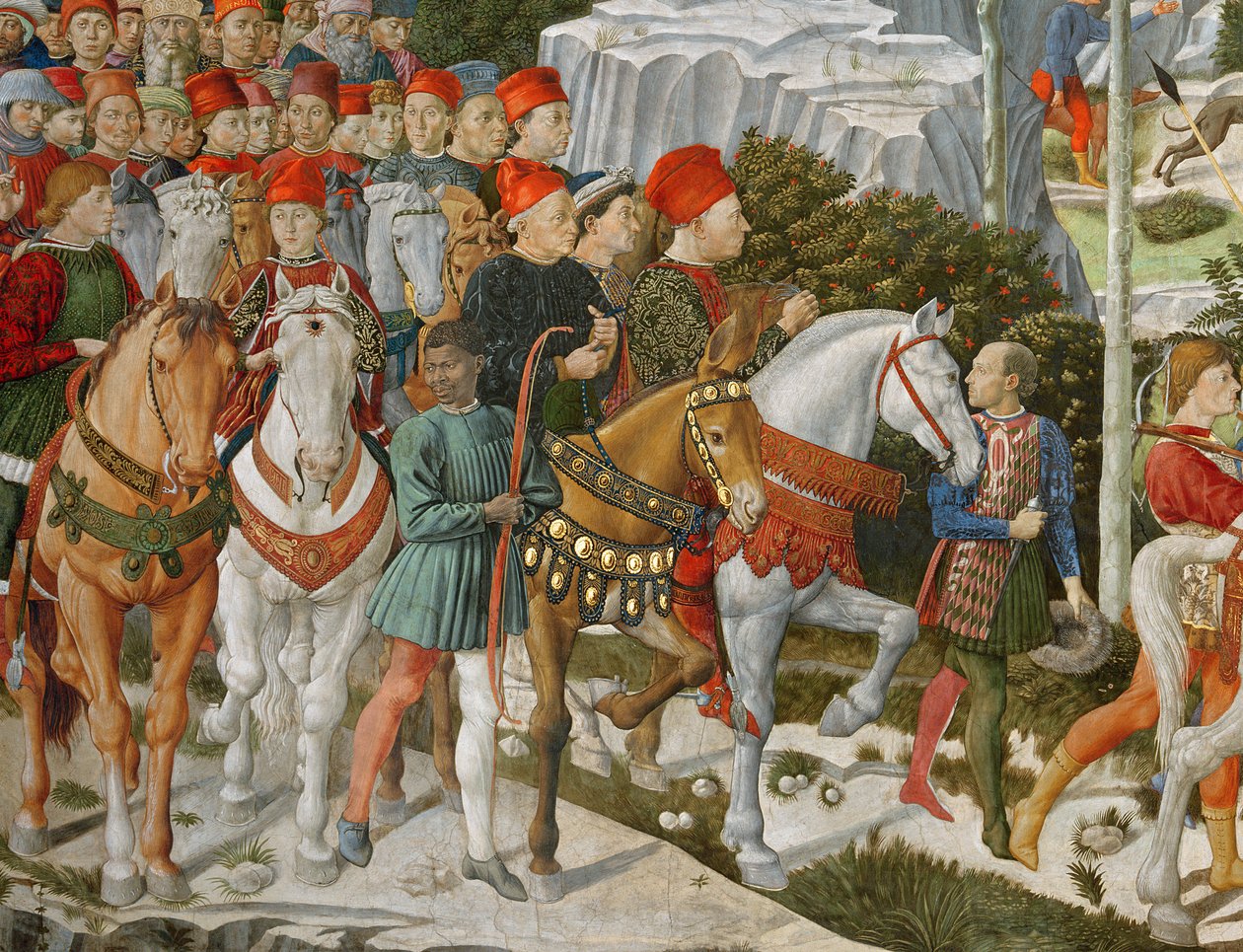 Galeazzo Maria Sforza, Duque de Milão (1444-76), extrema esquerda, em um cavalo marrom e Sigismondo Pandolfo Malatesta, governante de Rimini (1417-68) ao lado dele em um cavalo cinza, detalhe da Viagem do M de Benozzo di Lese di Sandro Gozzoli