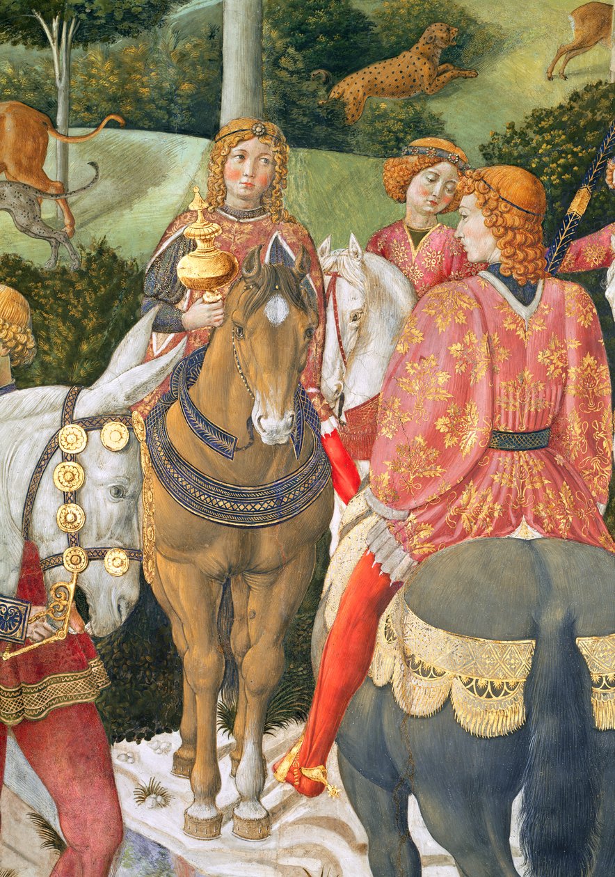 Cavaleiros na comitiva real, detalhe da jornada do ciclo magi na capela, detalhe c.1460 afresco de 70601 de Benozzo di Lese di Sandro Gozzoli