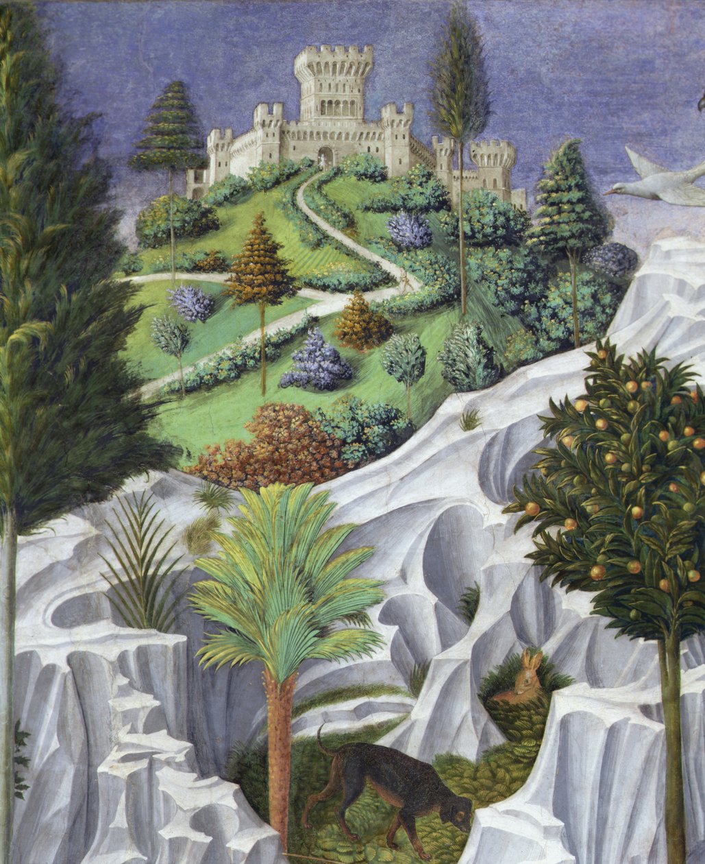 Paisagem com um castelo, detalhe da Procissão dos Reis Magos a Belém de Benozzo di Lese di Sandro Gozzoli