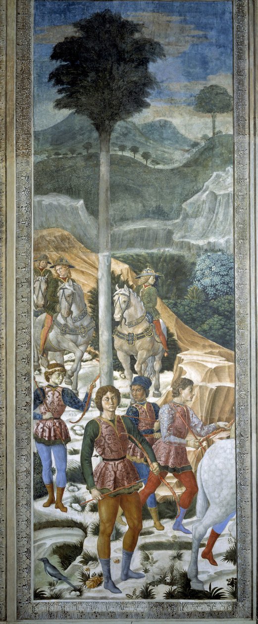 Arqueiros de libré, pormenor do ciclo Viagem dos Magos na capela, c.1460 (fresco) de Benozzo di Lese di Sandro Gozzoli