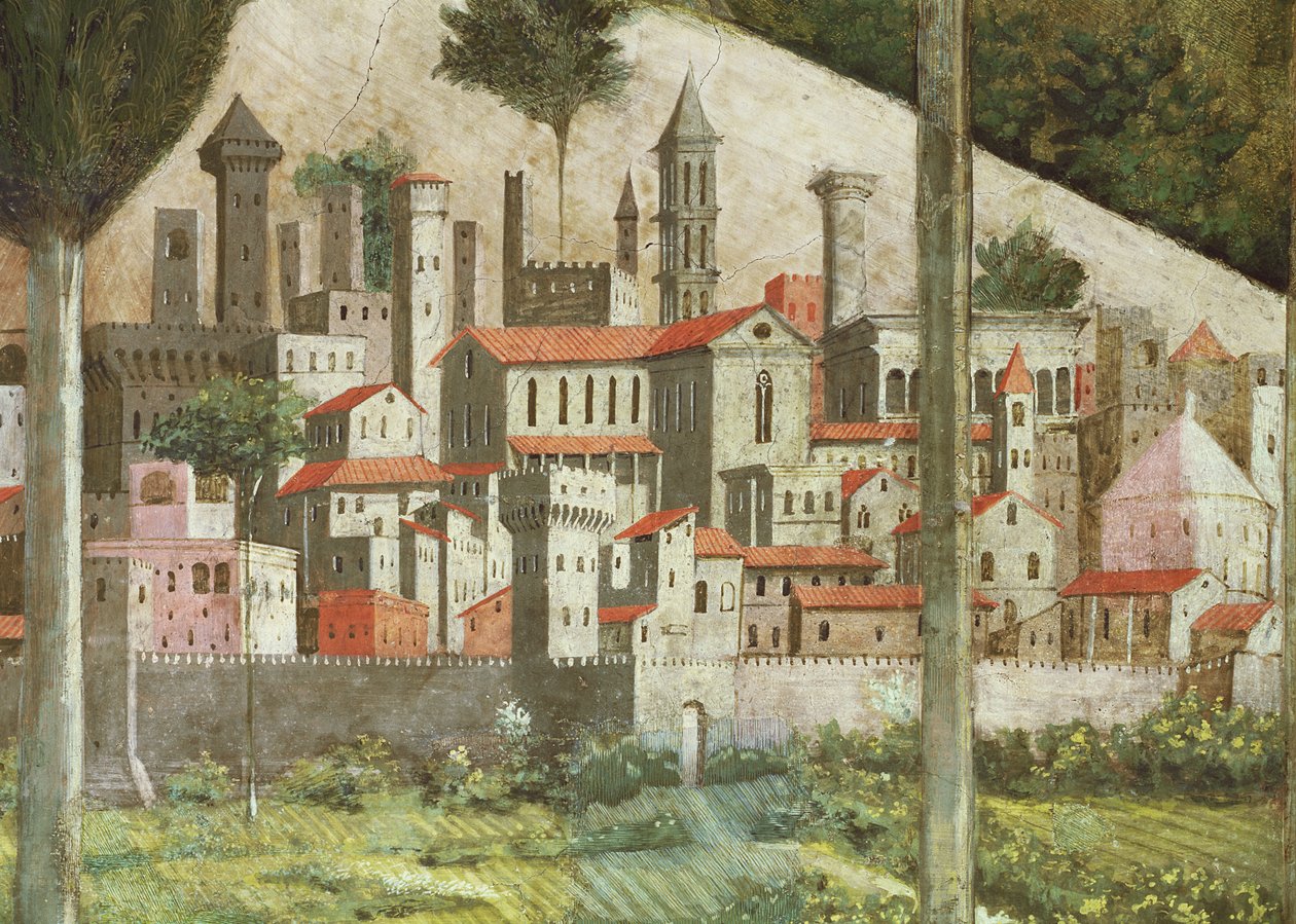 Cidade medieval, detalhe da jornada do ciclo magos na capela, detalhes c.1460 afresco do 70610 de Benozzo di Lese di Sandro Gozzoli
