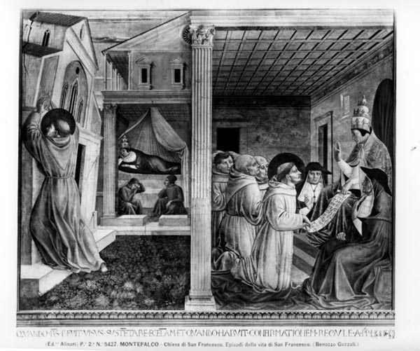 Papa Inocêncio III Aprovar a Regra (fresco) (foto a p/b) de Benozzo di Lese di Sandro Gozzoli