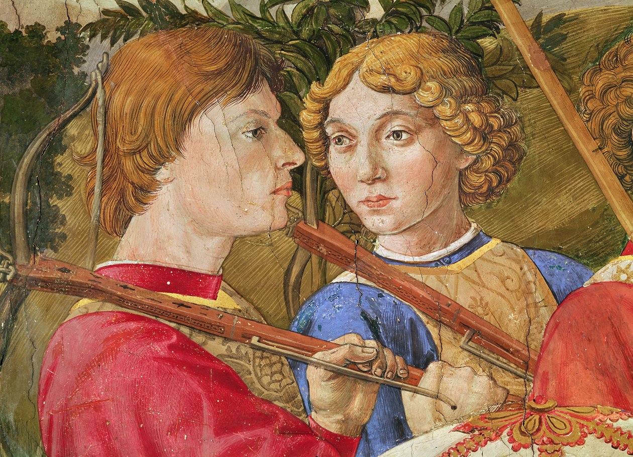 Procissão dos Magos, procissão liderada por Lorenzo o Magnífico sob o disfarce do Magus Caspar, detalhe das cabeças de dois besteiros, 1459-1462 de Benozzo di Lese di Sandro Gozzoli
