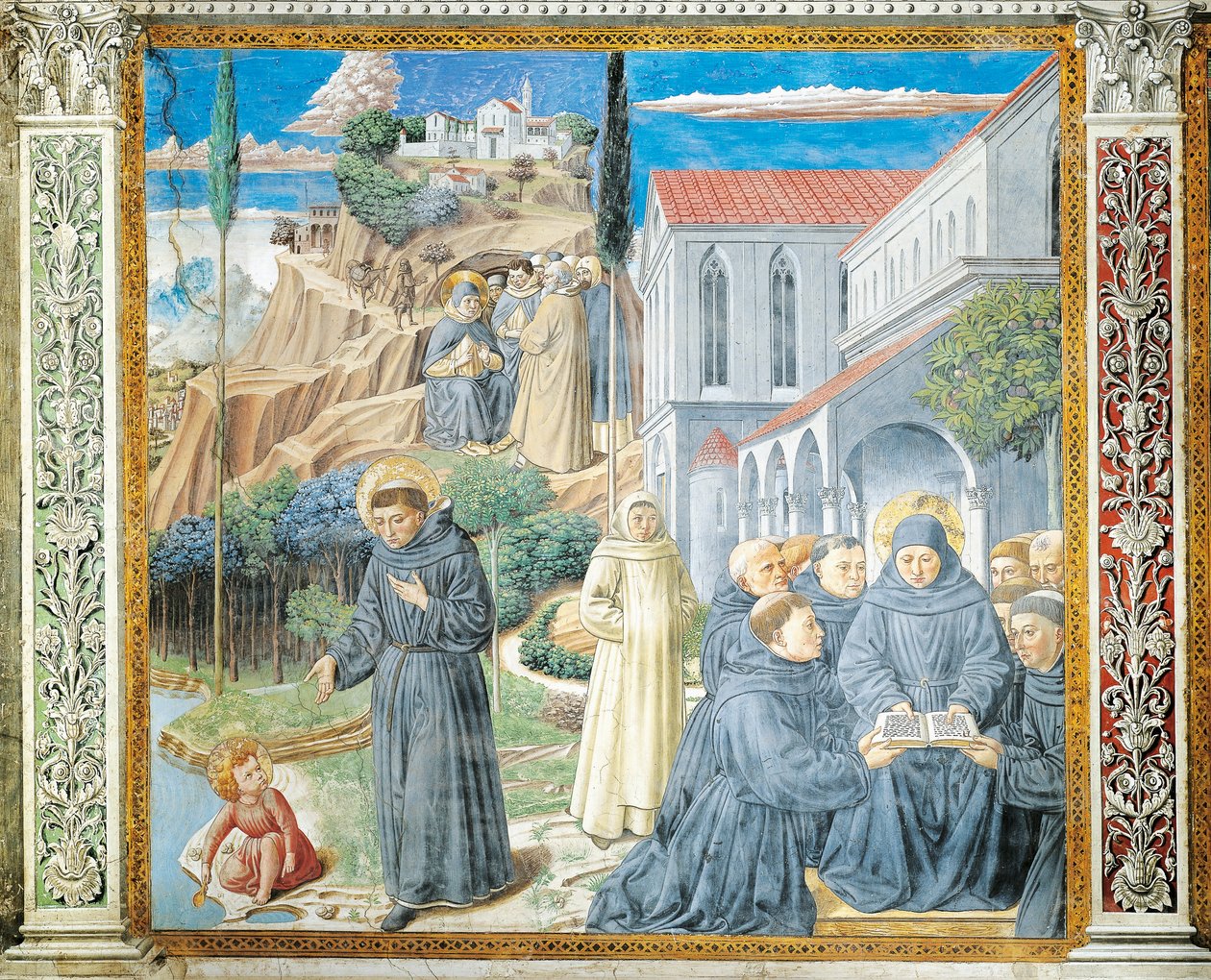 Santo Agostinho dando Regra aos monges e falando ao Menino Jesus sobre a Santíssima Trindade, detalhe de Histórias de Santo Agostinho de Benozzo di Lese di Sandro Gozzoli
