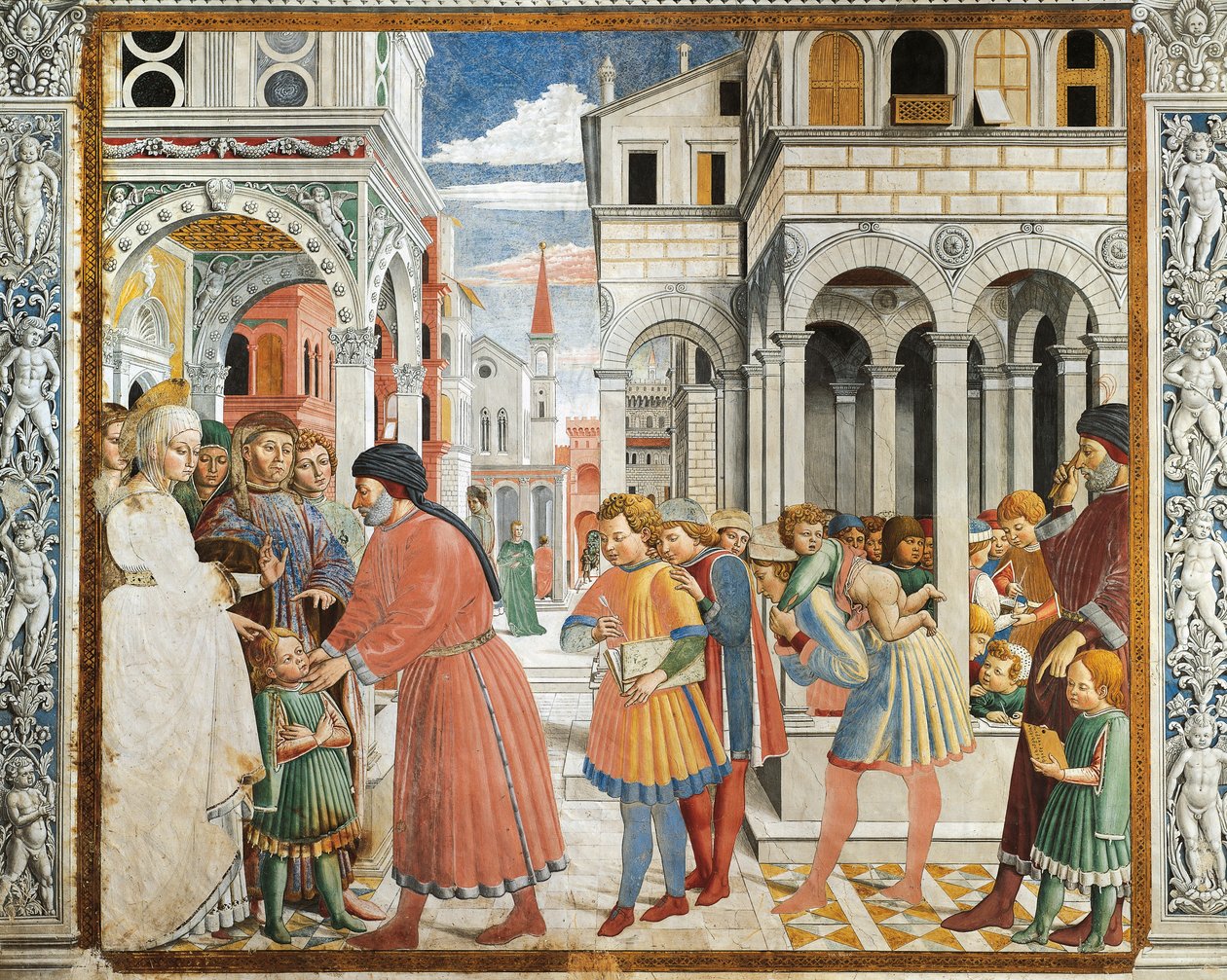 Santo Agostinho levado pelos pais ao professor de gramática em Tagaste, por Benozzo Gozzoli (1420-1497), afresco, Igreja de Santo Agostinho, San Gimignano (Patrimônio Mundial da UNESCO) de Benozzo di Lese di Sandro Gozzoli
