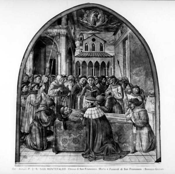 Os Ritos do Enterro de São Francisco (fresco) (foto a p/b) de Benozzo di Lese di Sandro Gozzoli