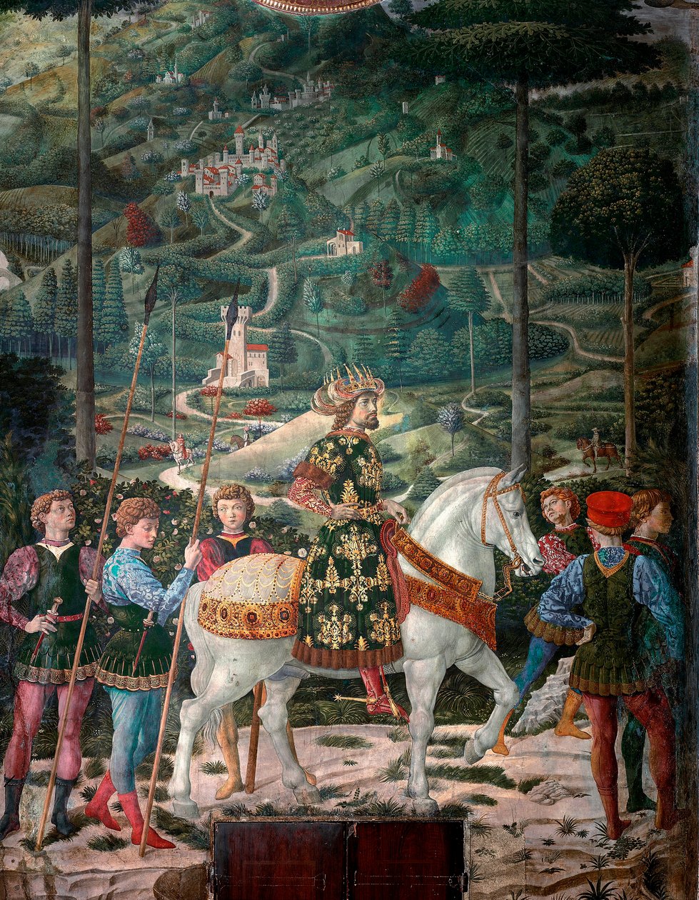 O Imperador Bizantino "A Viagem dos Reis Magos". Cortege of the Magi of Jerusalem a Bethleem chama em italiano "Viaggio dei Magi" ou "Cavalcata dei Magi". detalhe representando o Imperador bizantino João VIII Paleólogo (1392-1448). Pormenor. Fresco dos Rei de Benozzo di Lese di Sandro Gozzoli