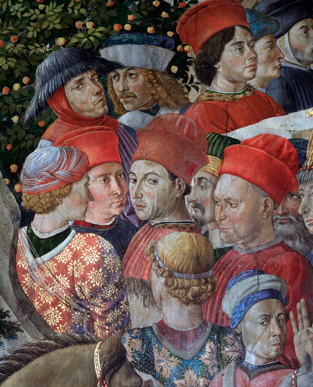 A Viagem do Cortejo dos Magos de Jerusalém a Belém "Viaggio dei Magi" ou "Cavalcata dei Magi" (detalhe dos rostos no cortejo dos Magos) Fresco de Benozzo Gozzoli (1420-1497) de Benozzo di Lese di Sandro Gozzoli