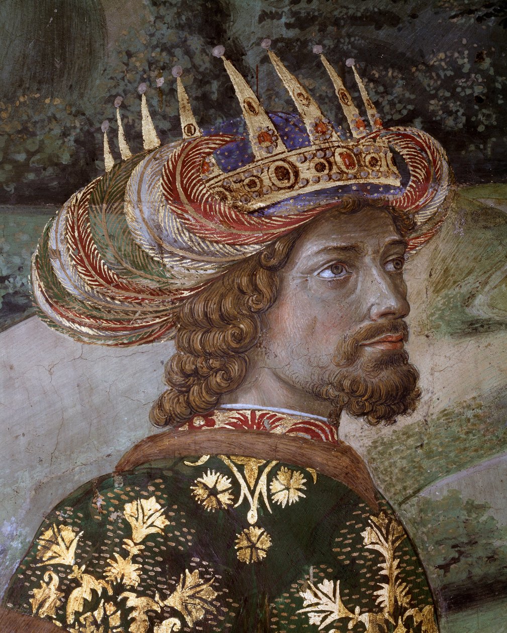 A Viagem do Cortejo dos Magos de Jerusalém a Belém chama em italiano "Viaggio dei Magi" ou "Cavalcata dei Magi" Detalhe de Balthasar sob os traços de João VIII Paleólogo, Imperador Bizantino (João VII Palaiologos (ou Palaeologus)) Fresco de Benozzo di Lese di Sandro Gozzoli