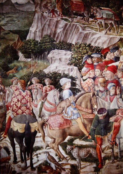 A Procissão dos Magos, detalhe do Cavaleiro com um leopardo na Procissão de Melquior, c.1460 (detalhe de 70601) de Benozzo di Lese di Sandro Gozzoli