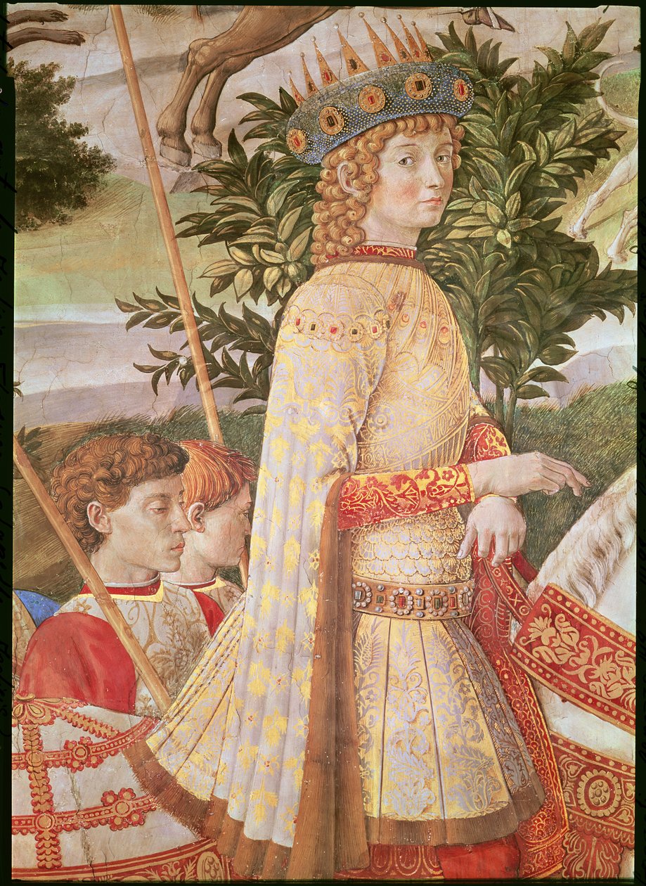 A Procissão dos Magos, a procissão liderada por Lorenzo, o Magnífico sob o disfarce de Magus Caspar, detalhe de Lorenzo de &39;Medici, c.1460 de Benozzo di Lese di Sandro Gozzoli
