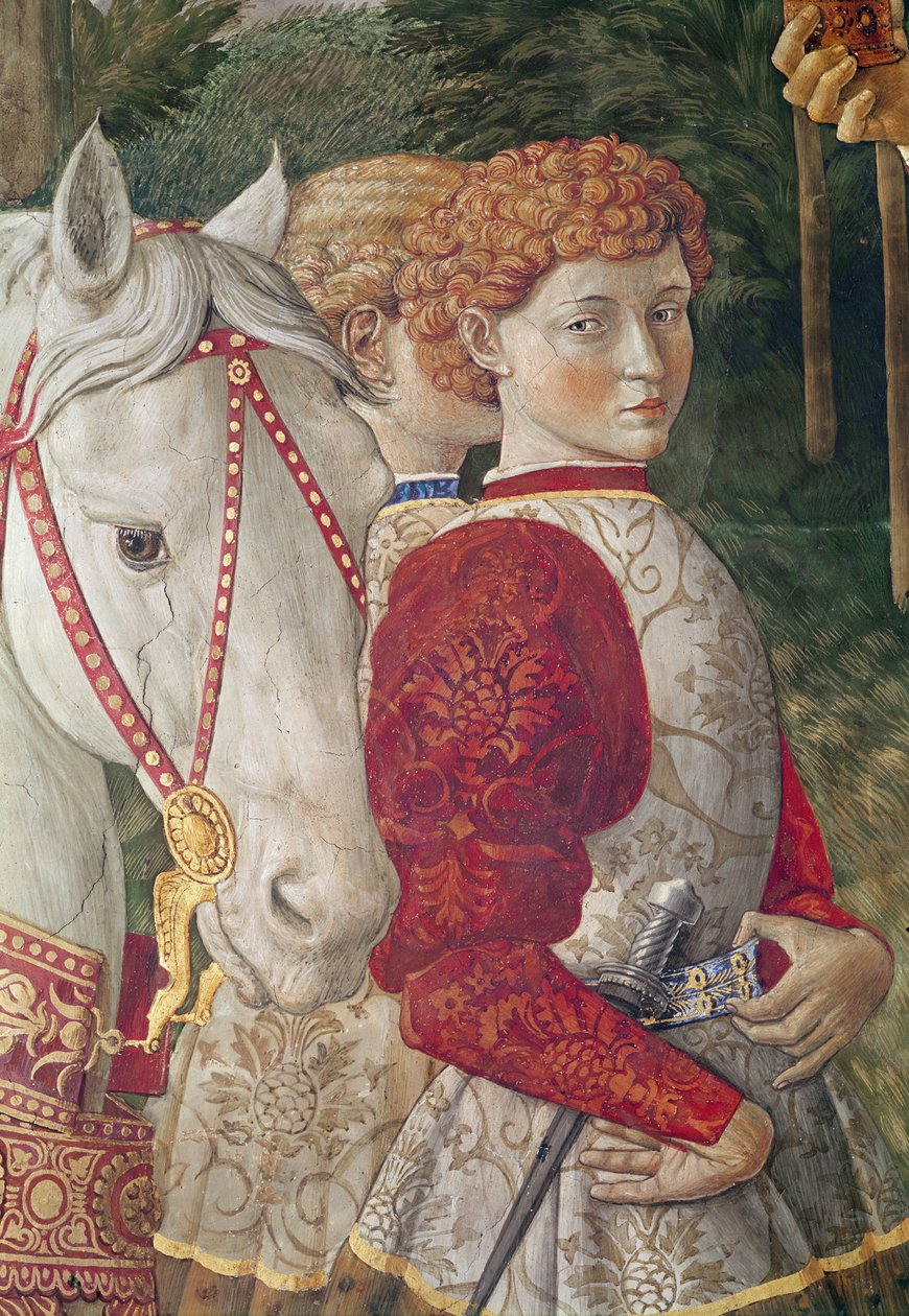 Dois atendentes de libré e a cabeça do cavalo de Lorenzo, o magnífico, detalhe da jornada do ciclo magi na capela, c.1460 de Benozzo di Lese di Sandro Gozzoli