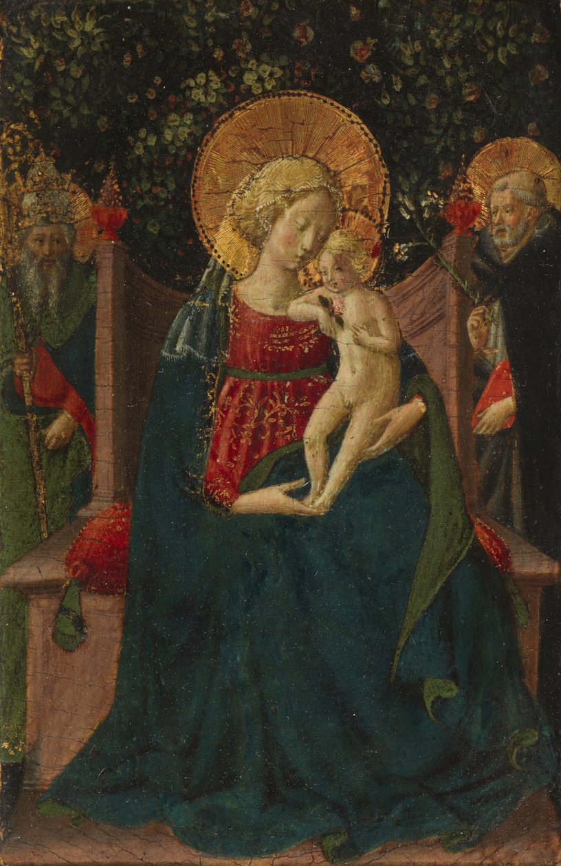 Virgem e Menino Entronizados entre São Domingos e um Santo Papal, 1430-35 de Benozzo di Lese di Sandro Gozzoli