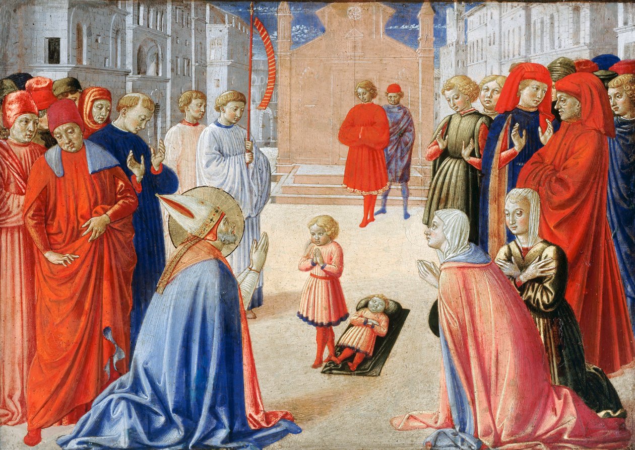 Zenobe de Florence (Saint Zenobe, San Zanobi ou Zenobio) (337-417) - Saint Zenobius levanta um menino dos mortos - Peinture de Gozzoli, Benozzo (ca 1420-1497) de Benozzo di Lese di Sandro Gozzoli