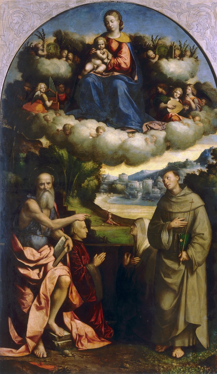 Madonna das Nuvens com Santos, de Garofalo, na Pinacoteca Nacional de Ferrara de Benvenuto Tisi da Garofalo