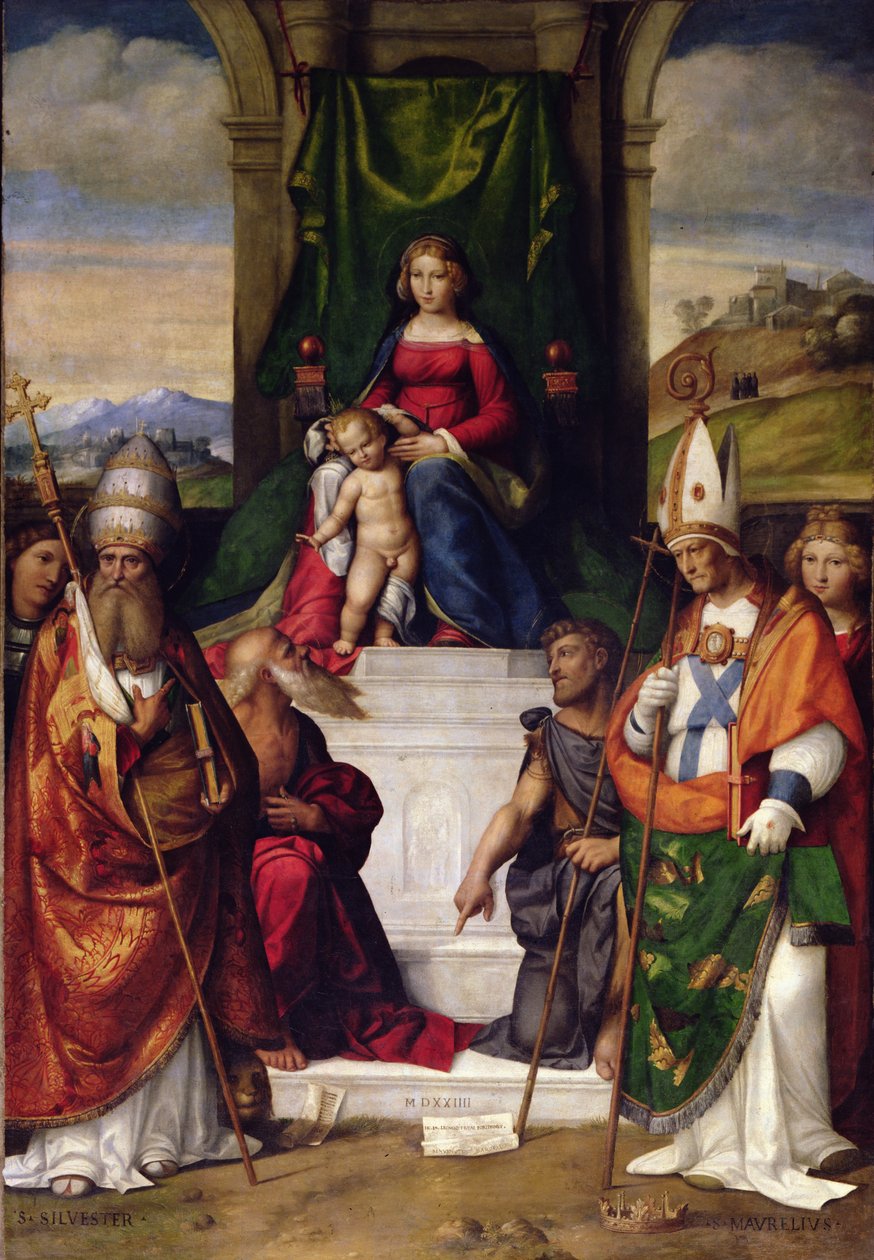A Virgem Enthroned com Santos Jerome, Sylvester e Maurius de Benvenuto Tisi da Garofalo