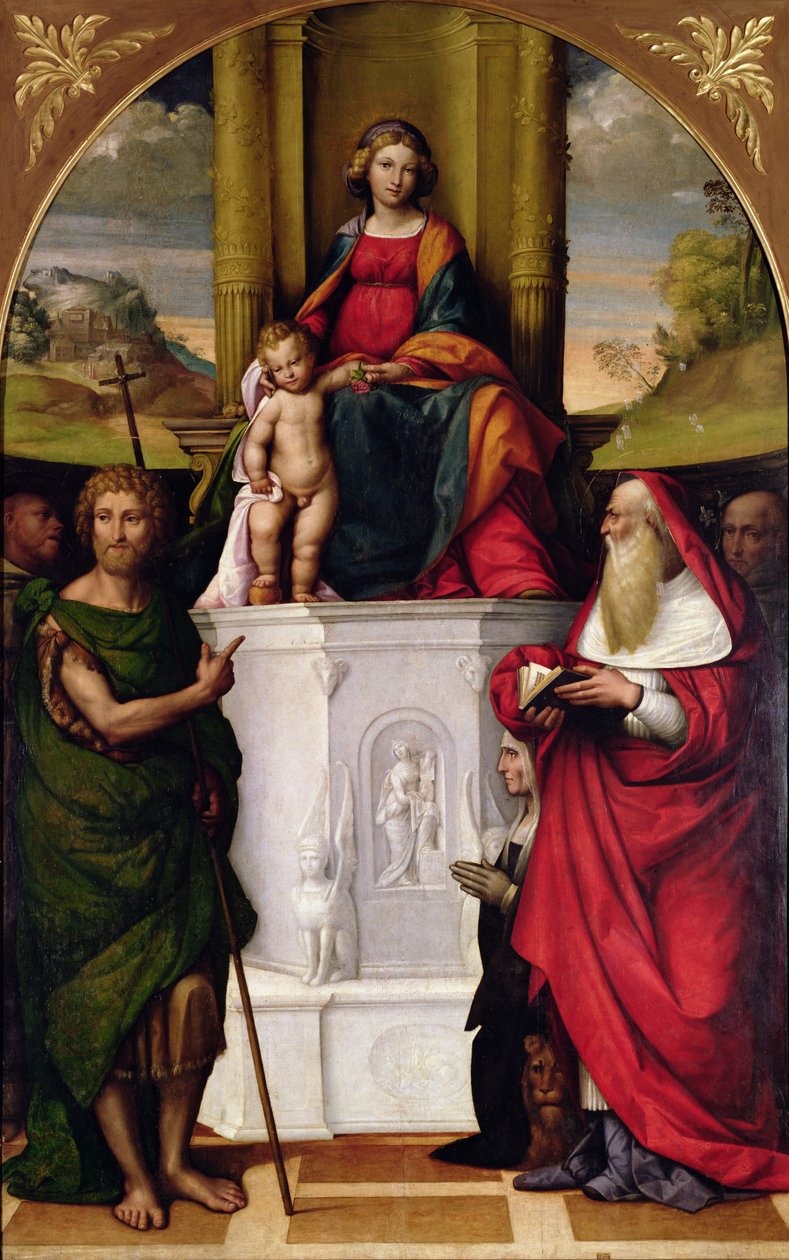 A Virgem Enthroned com São Jerônimo e São João (óleo) (veja também 33480) de Benvenuto Tisi da Garofalo